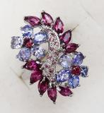 Zilver, Ring Étoiles Jumelles Tanzaniet & Granaat : Droom,