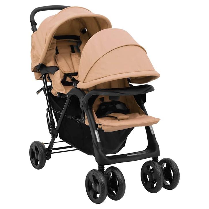 vidaXL Tweelingkinderwagen tandem staal taupe, Kinderen en Baby's, Kinderwagens en Combinaties, Nieuw, Verzenden