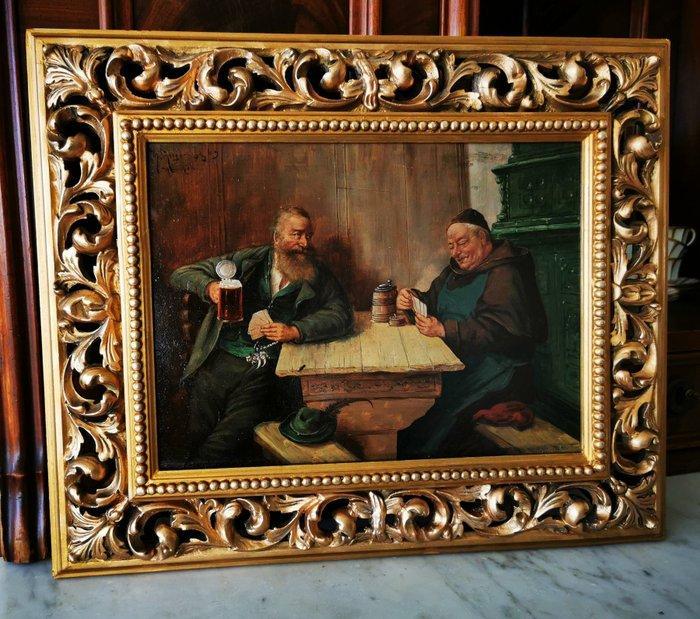 Max Kuglmayr (1863-1930) - Monk and peasant playing cards, Antiek en Kunst, Kunst | Schilderijen | Klassiek