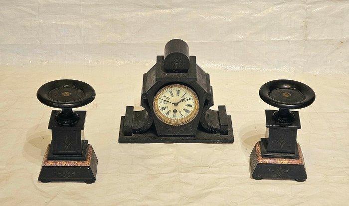 Horloge et parure de cheminée (3) - Antique Marbre, Laiton,, Antiquités & Art, Antiquités | Horloges