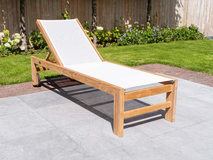 Teak ligbed Trento met Batyline Creme, Tuin en Terras, Tuinsets en Loungesets, Bank, Stoel, Nieuw, Teakhout, Loungeset, 2 zitplaatsen