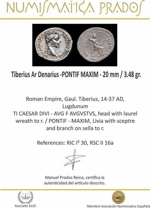 Empire romain. Tiberius (14-37 apr. J.-C.). Denarius, Postzegels en Munten, Munten | Europa | Niet-Euromunten