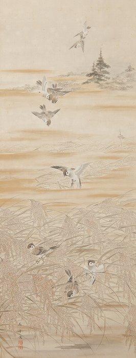 Zeer fijn schilderij Sparrows Amidst Rice, gesigneerd -, Antiek en Kunst, Antiek | Overige Antiek