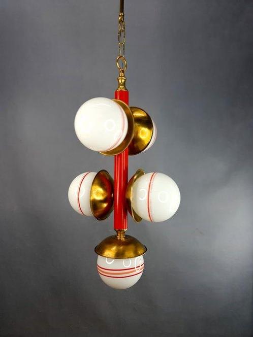 Lampe - Pendentif - 5 sphères Atomic Age - Cristal, Laiton,, Antiek en Kunst, Antiek | Verlichting