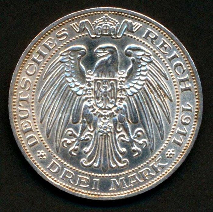 Duitsland, keizerrijk Wilhelm II. 3 Mark 1911 / 100th, Postzegels en Munten, Munten | Europa | Niet-Euromunten