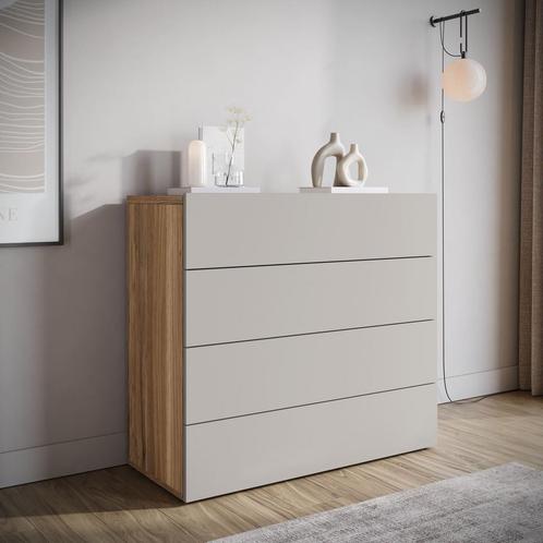 Meubella | Ladekast beige met eiken 100 cm - 4 lades, Huis en Inrichting, Kasten | Overige, Nieuw, Verzenden