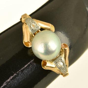 Bague - 18 carats Or jaune Perle - Diamant, Bijoux, Sacs & Beauté