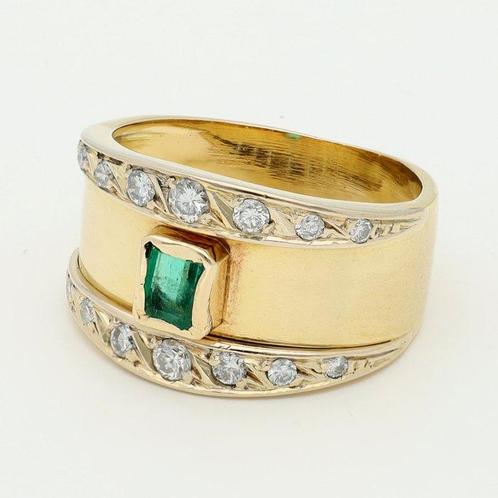 Ring - 18 karaat Geel goud Smaragd - Diamant, Handtassen en Accessoires, Ringen