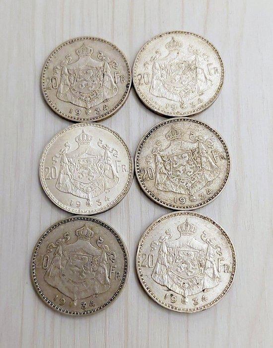 België. Leopold III. 20 Francs 1934, Lot van 6 stuks (Zonder, Postzegels en Munten, Munten | Nederland