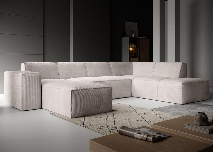 Hoekbank - Beige - Ribstof - Links Industrieel | 261x216x80, Huis en Inrichting, Zetels | Complete zithoeken, Nieuw, Verzenden