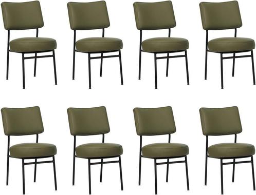 Set van 8 Olijfgroene leren moderne retro eetkamerstoelen -, Huis en Inrichting, Stoelen, Overige kleuren, Vijf, Zes of meer stoelen