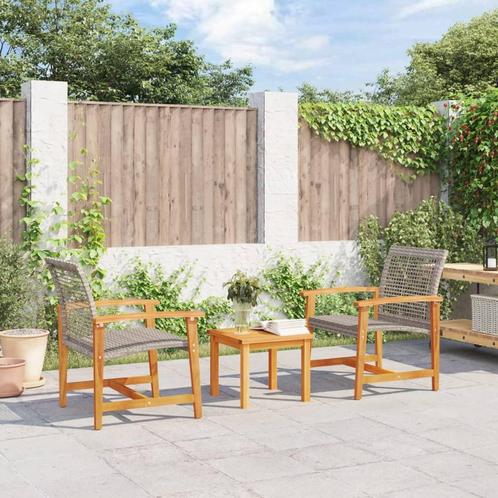 vidaXL 3-delige Bistroset poly rattan en acaciahout grijs, Tuin en Terras, Tuinsets en Loungesets, Nieuw, Verzenden