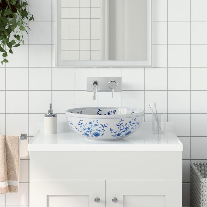 vidaXL Opzetwasbak rond 41x14 cm keramiek wit en blauw, Doe-het-zelf en Bouw, Sanitair, Nieuw, Verzenden