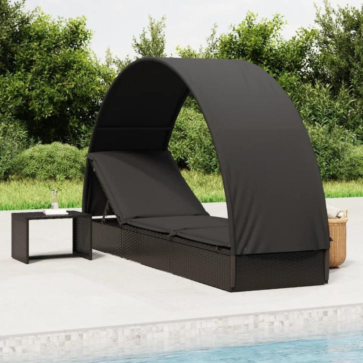 vidaXL Ligbed met rond dak 211x57x140 cm poly rattan zwart, Tuin en Terras, Ligbedden, Nieuw, Verzenden