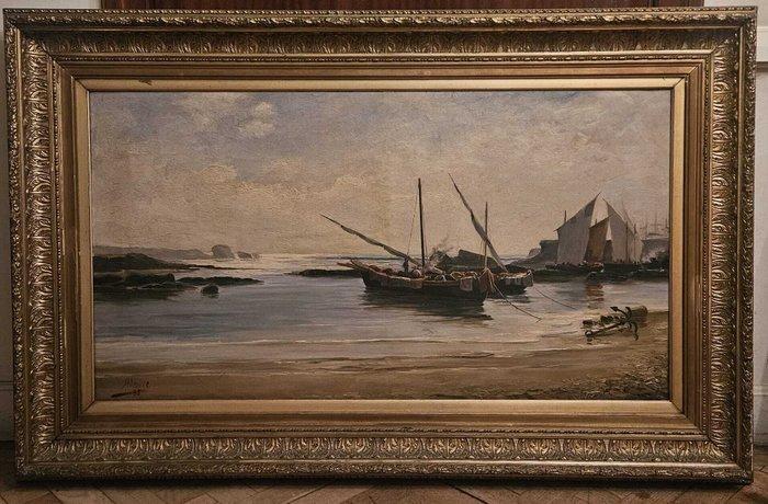 Escuela catalana (XIX), firmado Mestre - Barcas en la costa, Antiek en Kunst, Kunst | Schilderijen | Klassiek