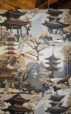Exclusieve Japanse stof met pagodes -300x280cm -, Antiek en Kunst, Antiek | Tapijten, Tafelkleden en Textiel