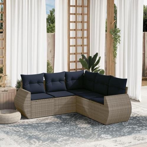 vidaXL 5-delige tuinbankset met kussens, grijs polyrotan, Tuin en Terras, Tuinsets en Loungesets, Nieuw, Verzenden