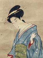 Meiji Bijin et peinture de chien sur rouleau de soie -, Antiquités & Art