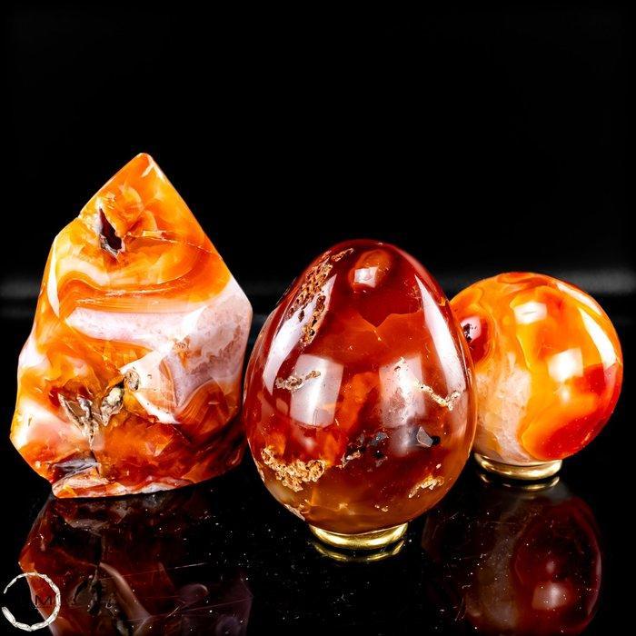Bijzonder karneoolset – Vlam, ei en bol in intense, Collections, Minéraux & Fossiles