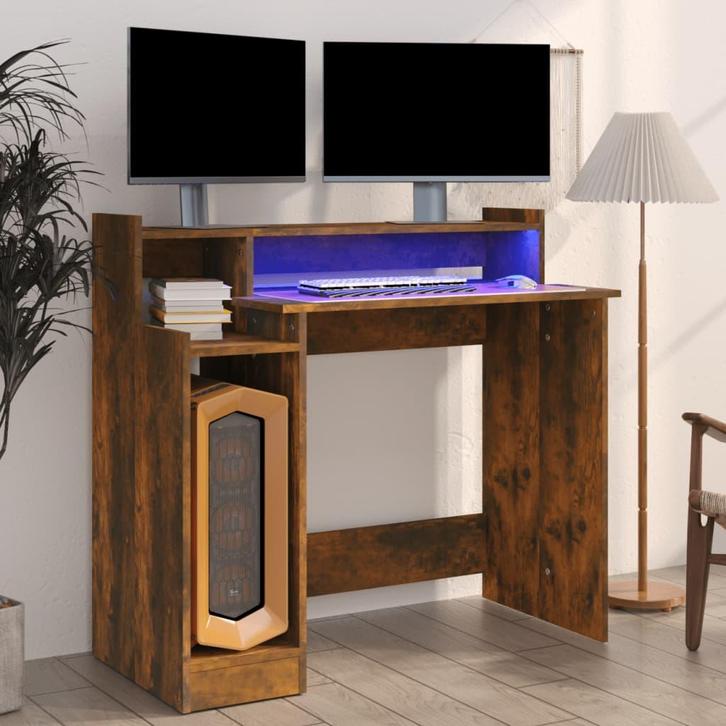 vidaXL Bureau met LED-verlichting 97x45x90 cm hout gerookt, Huis en Inrichting, Bureaus, Nieuw, Verzenden