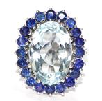 Ring - 14 karaat Witgoud - 8.00ct. tw. Aquamarijn - Saffier, Handtassen en Accessoires, Ringen, Nieuw