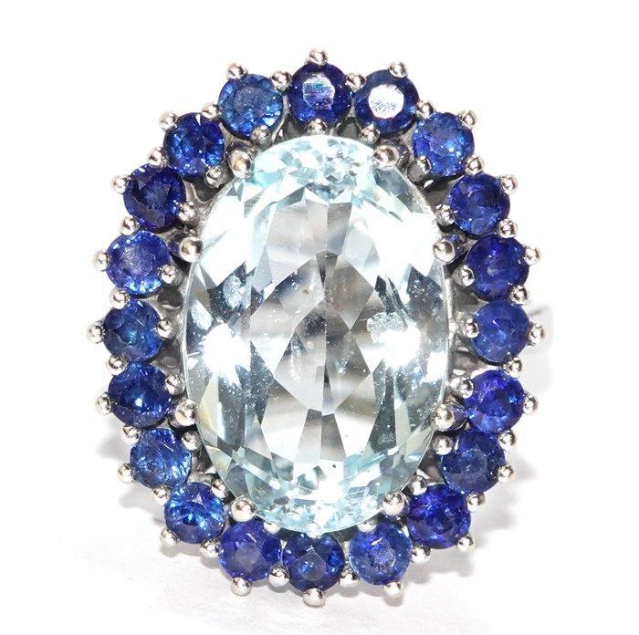 Ring - 14 karaat Witgoud - 8.00ct. tw. Aquamarijn - Saffier, Handtassen en Accessoires, Ringen