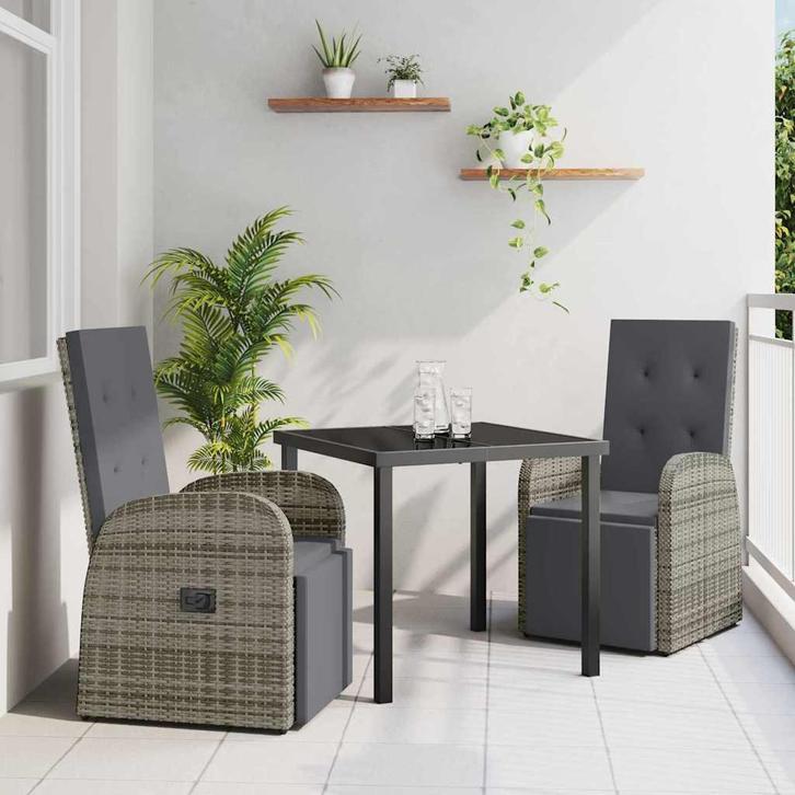 vidaXL Tuin Eettafel Set met kussen 3 pcs Grijs poly rattan, Tuin en Terras, Tuinsets en Loungesets, Nieuw, Verzenden