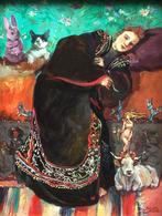 Borgen Lindhardt (1974) - Kimono meisje in zwart, met kat,, Antiek en Kunst, Kunst | Schilderijen | Klassiek