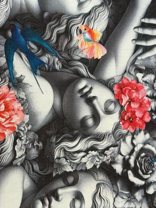 Stille muzen: een droom in chiaroscuro tussen bloemen en, Antiquités & Art, Tapis & Textile