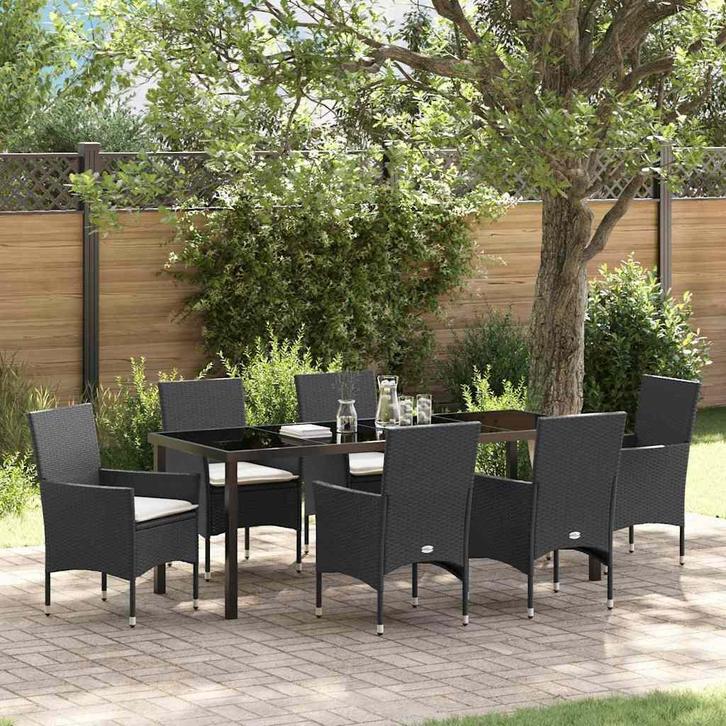 vidaXL Tuin Eettafel Set met kussen 7 pcs Zwart poly rattan, Tuin en Terras, Tuinsets en Loungesets, Nieuw, Verzenden