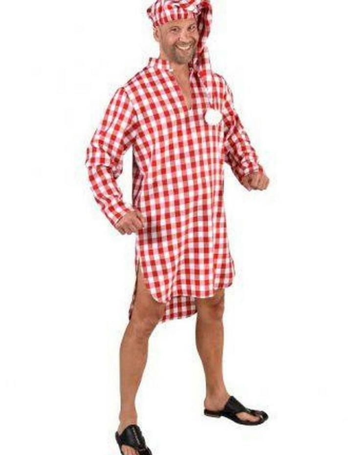 Rood geruit slaapkleed met slaapmuts, Hobby en Vrije tijd, Feestartikelen, Ophalen of Verzenden