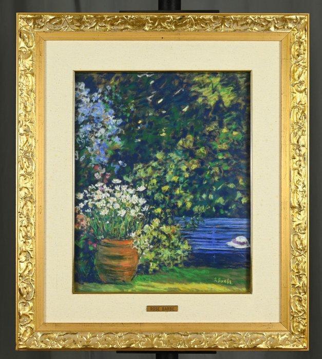 Rose Barbe (née en 1933) - Le banc bleu, Antiquités & Art, Art | Peinture | Classique