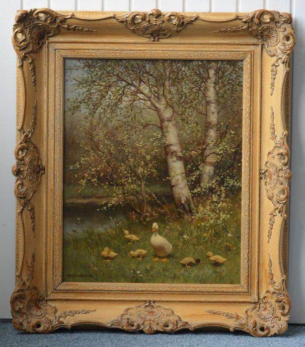 Constant Artz (1870-1951) - Een witte eend met kuikens bij, Antiquités & Art, Art | Peinture | Classique