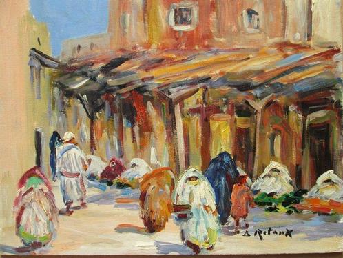 Retaux Bruno  1947 - Souk à Marrakech. orientaliste, Antiquités & Art, Art | Peinture | Classique