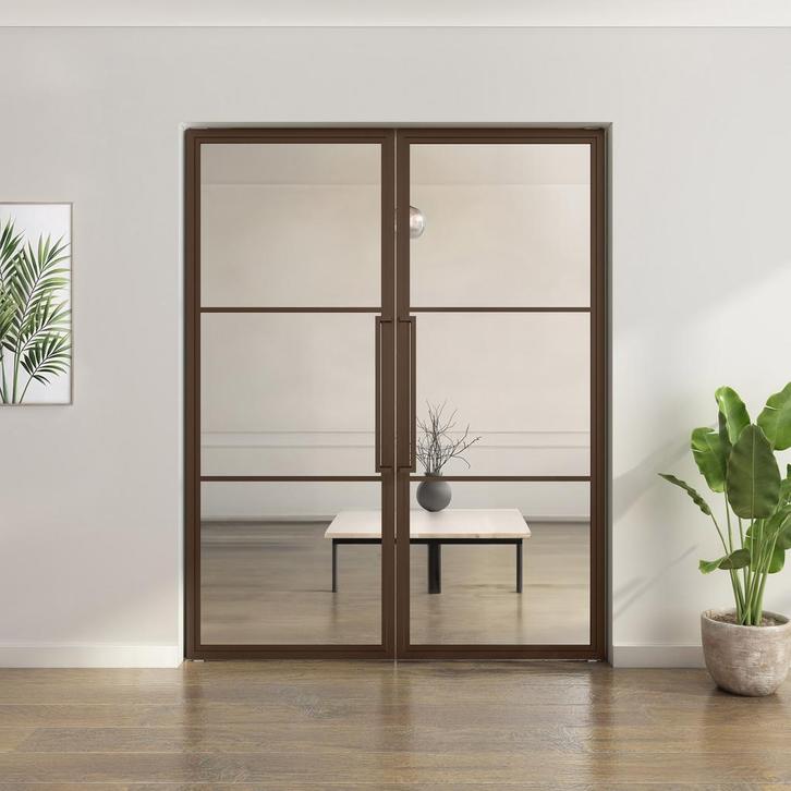 Dubbele stalen taatsdeur - 3 Vlaks - Brons - Helder glas*, Bricolage & Construction, Fenêtres & Moustiquaires