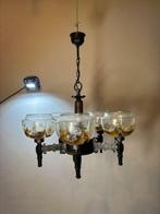 Lamp - Art Nouveau hanglamp met smeedijzeren details - Glas,, Antiek en Kunst