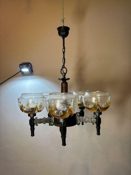 Lamp - Art Nouveau hanglamp met smeedijzeren details - Glas,, Antiek en Kunst, Curiosa en Brocante