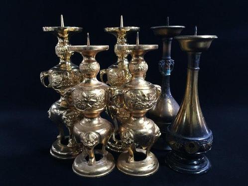 Statue, Set of 6 / Japanese Vintage Buddhist Candle Holder, Antiek en Kunst, Antiek | Speelgoed
