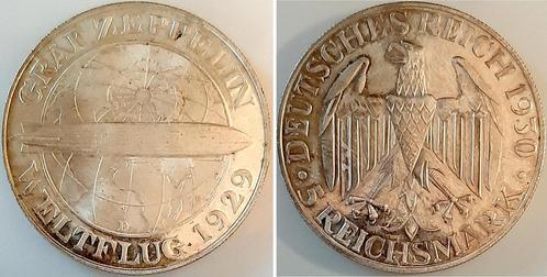 Duitsland 5 Reichsmark Zeppelin 1930d Polierte Platte, mi..., Timbres & Monnaies, Monnaies | Europe | Monnaies non-euro, Envoi