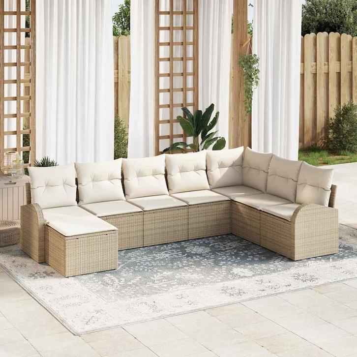 vidaXL Tuinbank Set met kussen 8 pcs Beige Poly Riet, Tuin en Terras, Tuinsets en Loungesets, Nieuw, Verzenden