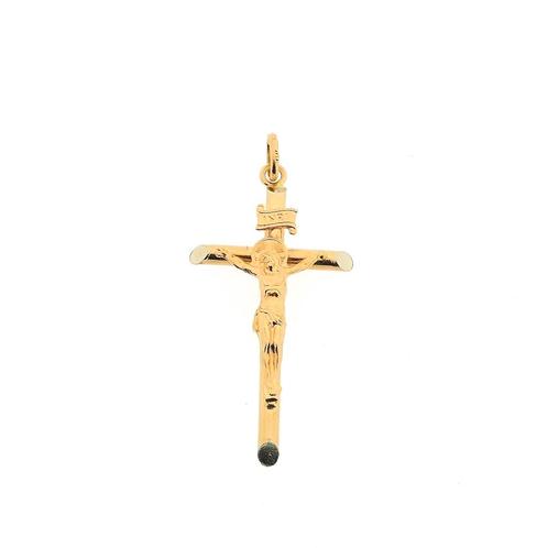 18 Krt. Gouden hanger van een kruis met corpus, Handtassen en Accessoires, Bedels, Gebruikt, Overige merken, Goud, Ophalen of Verzenden