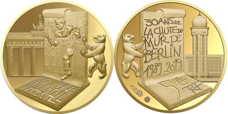 Frankreich 5 Euro 2019 goud 30 Jahre Fall der Berliner Ma..., Postzegels en Munten, Munten | Europa | Euromunten, België, Verzenden