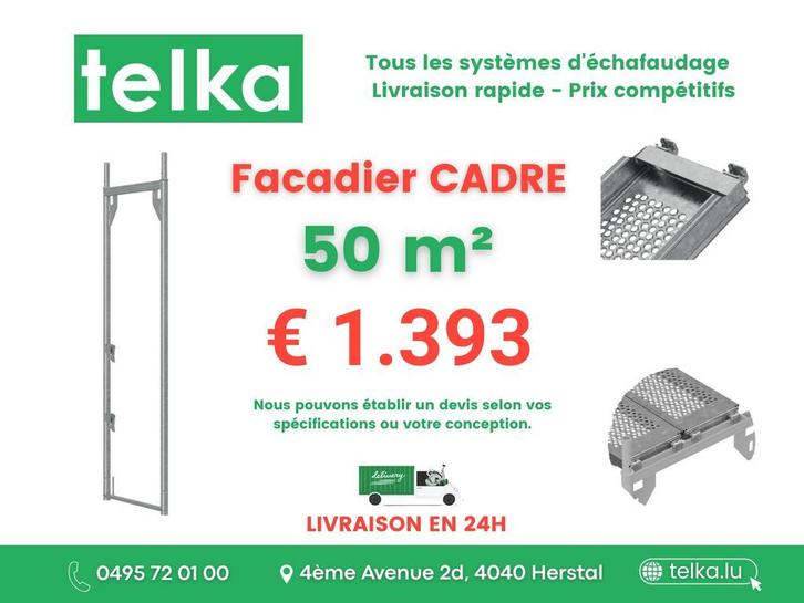 ÉCHAFAUDAGE 50m² – COMPLET, PRÊT À MONTER – STOCK À HERSTAL, Bricolage & Construction, Échafaudages, 5 mètres de hauteur ou plus