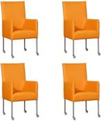 Set van 4 Oranje leren moderne eetkamerstoelen - poot rond, Ophalen of Verzenden