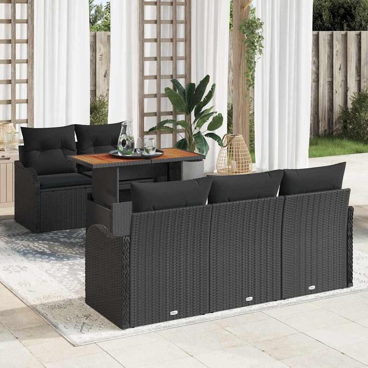 vidaXL Tuinbank Set met kussen 6 pcs Zwart poly rattan, Tuin en Terras, Tuinsets en Loungesets, Nieuw, Verzenden