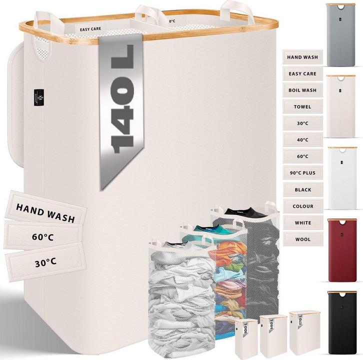 Wasmand 3 vakken - Met deksel - 140 Liter - Beige - KESSER®, Huis en Inrichting, Badkamer | Badtextiel en Accessoires, Nieuw, Verzenden