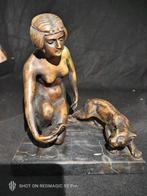 Beeldje, Diana con leopardo - 15 cm - Brons, Marmer - 1960, Antiek en Kunst, Antiek | Keramiek en Aardewerk