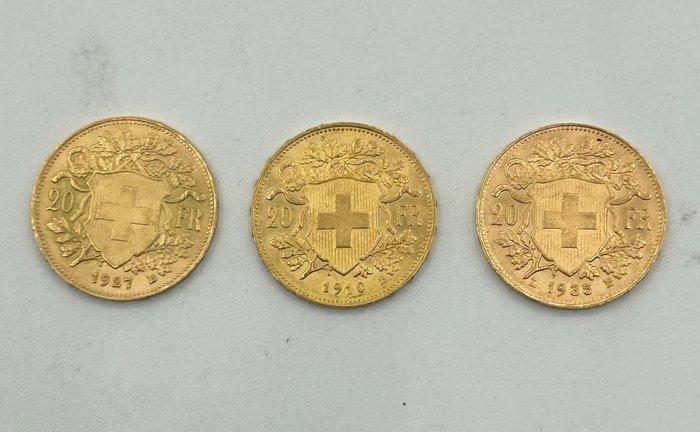 Zwitserland. 20 Francs 3x 1910, 1927, 1935 Restrike, Postzegels en Munten, Munten | Europa | Niet-Euromunten