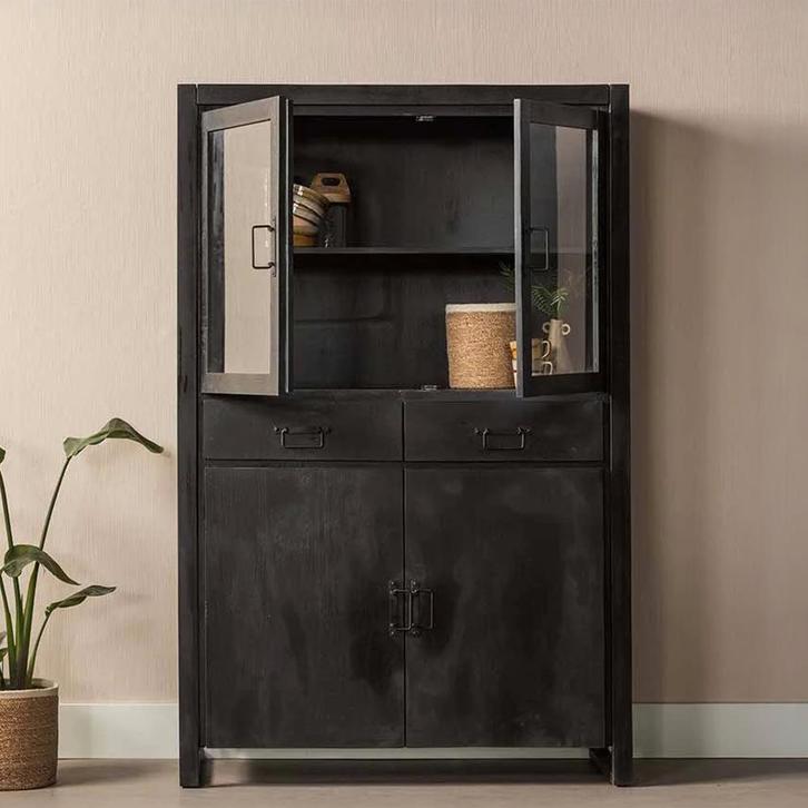 Vitrinekast Mangohout Britt 115 Zwart, Huis en Inrichting, Kasten | Vitrinekasten, 25 tot 50 cm, Nieuw, Overige houtsoorten, 150 tot 200 cm