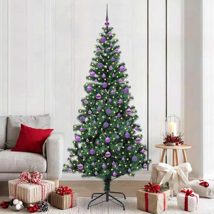 vidaXL Kunststof Voorverlichte Kerstboom Groen 210 cm PVC en, Diversen, Kerst, Nieuw, Verzenden